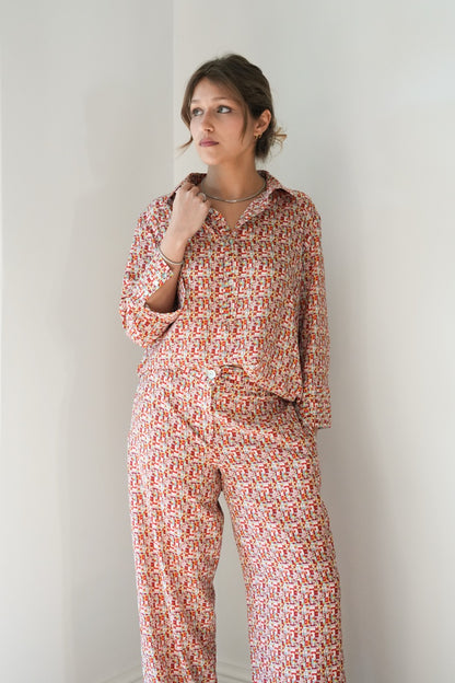 Red Blossom Silk Geo-Print Tunic