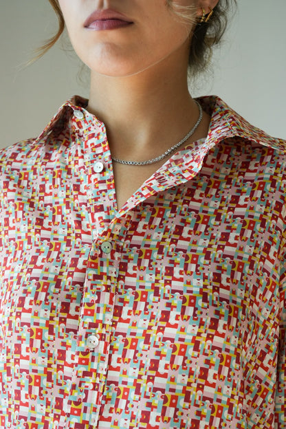 Red Blossom Silk Geo-Print Tunic