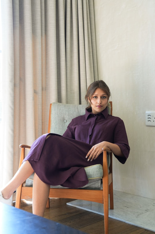 Burgundy Linen-Blend Tuxedo Dress