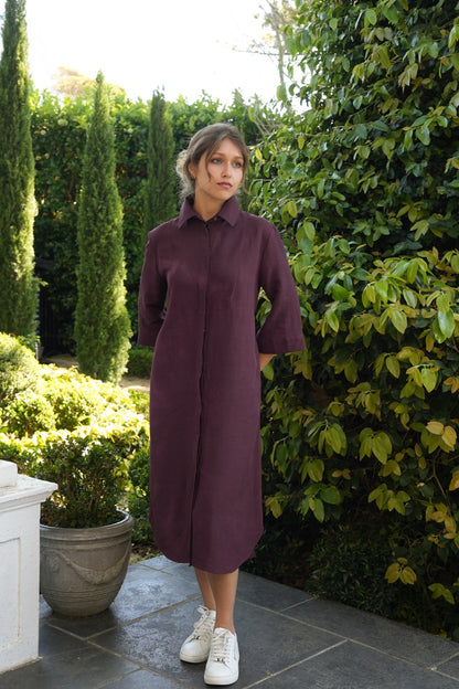 Burgundy Linen-Blend Tuxedo Dress