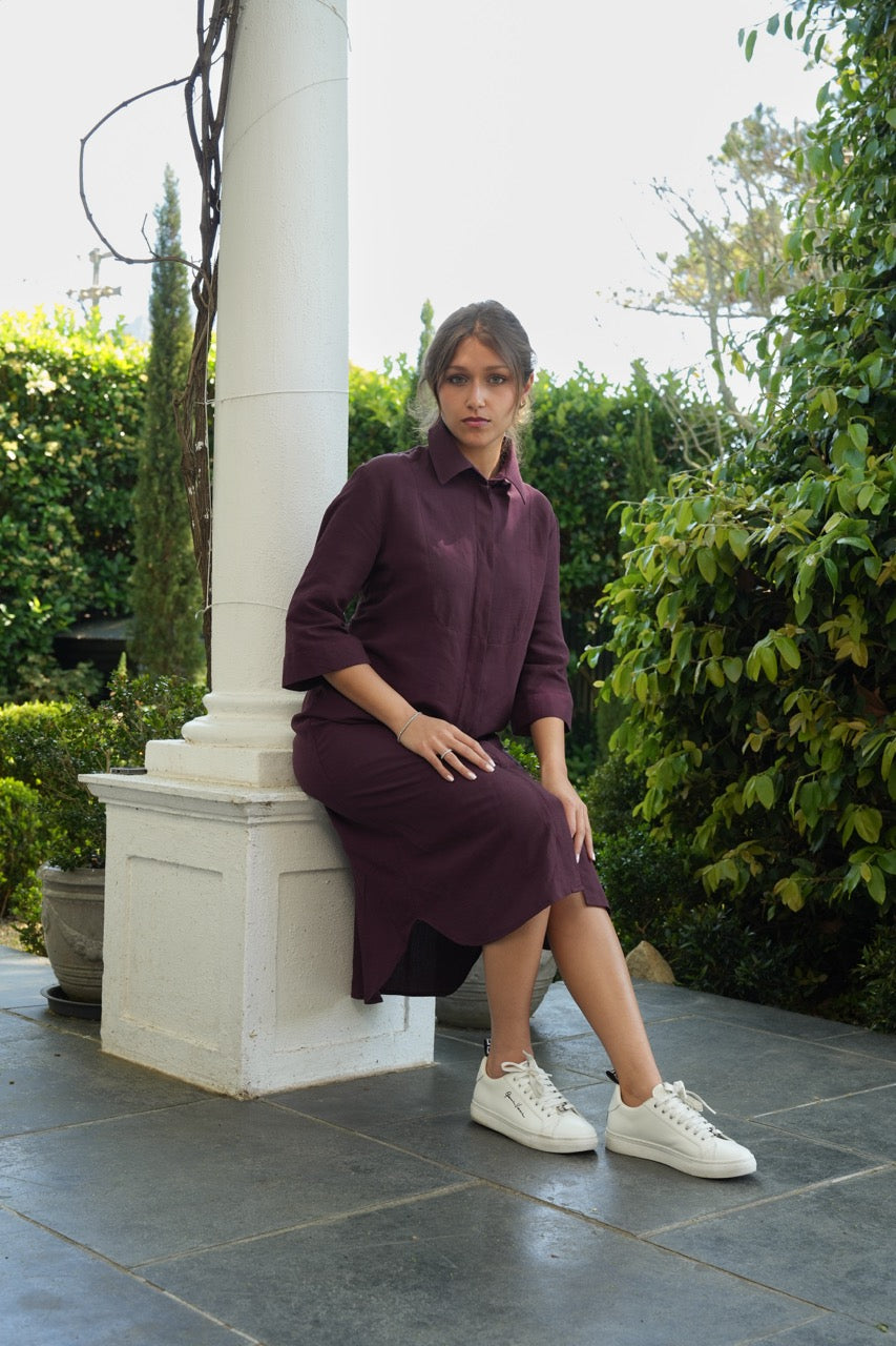 Burgundy Linen-Blend Tuxedo Dress