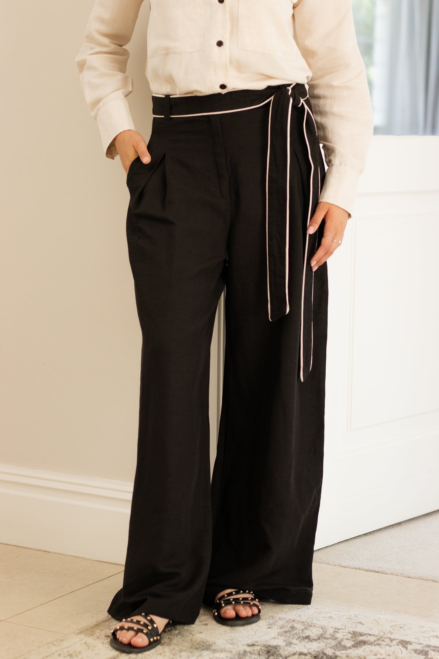 Pleated Pants with Fabric Belt